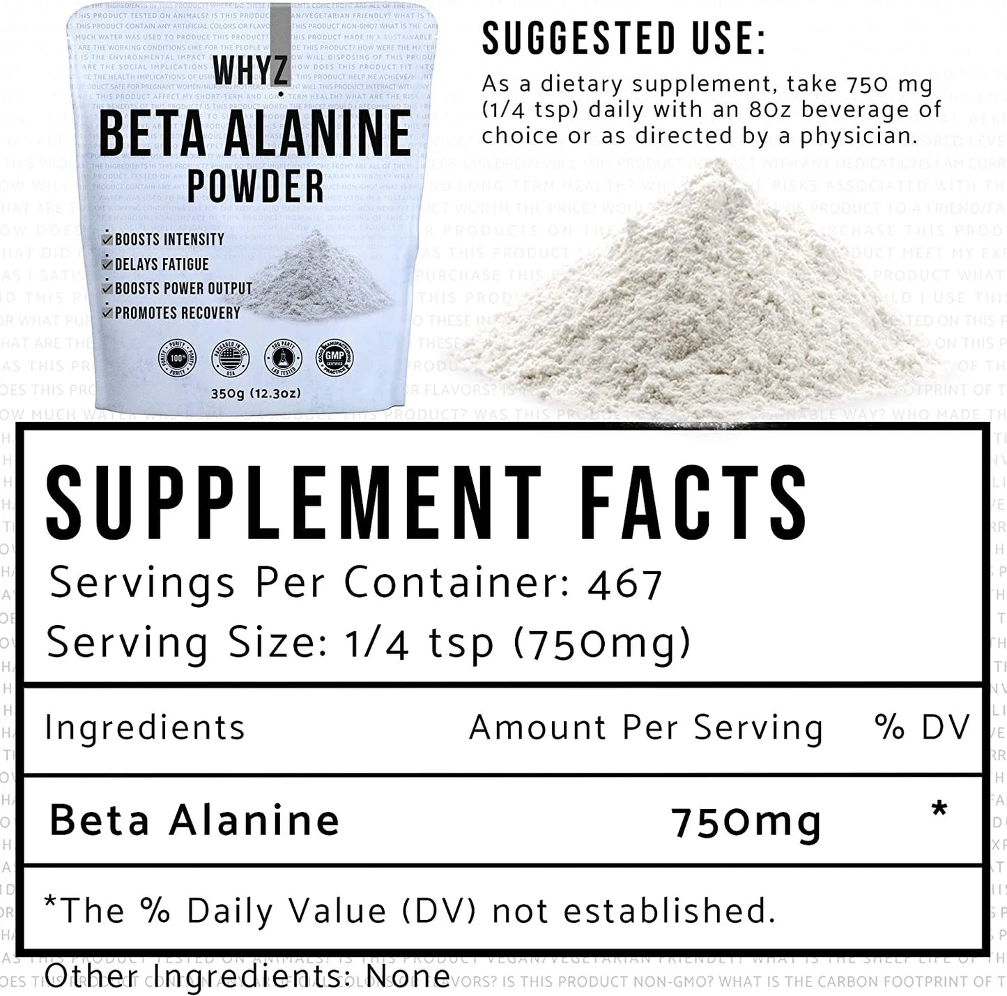 Beta Alanine Powder, 350G, Recovery Boosting & Pre Workout Powder, 467 Servings