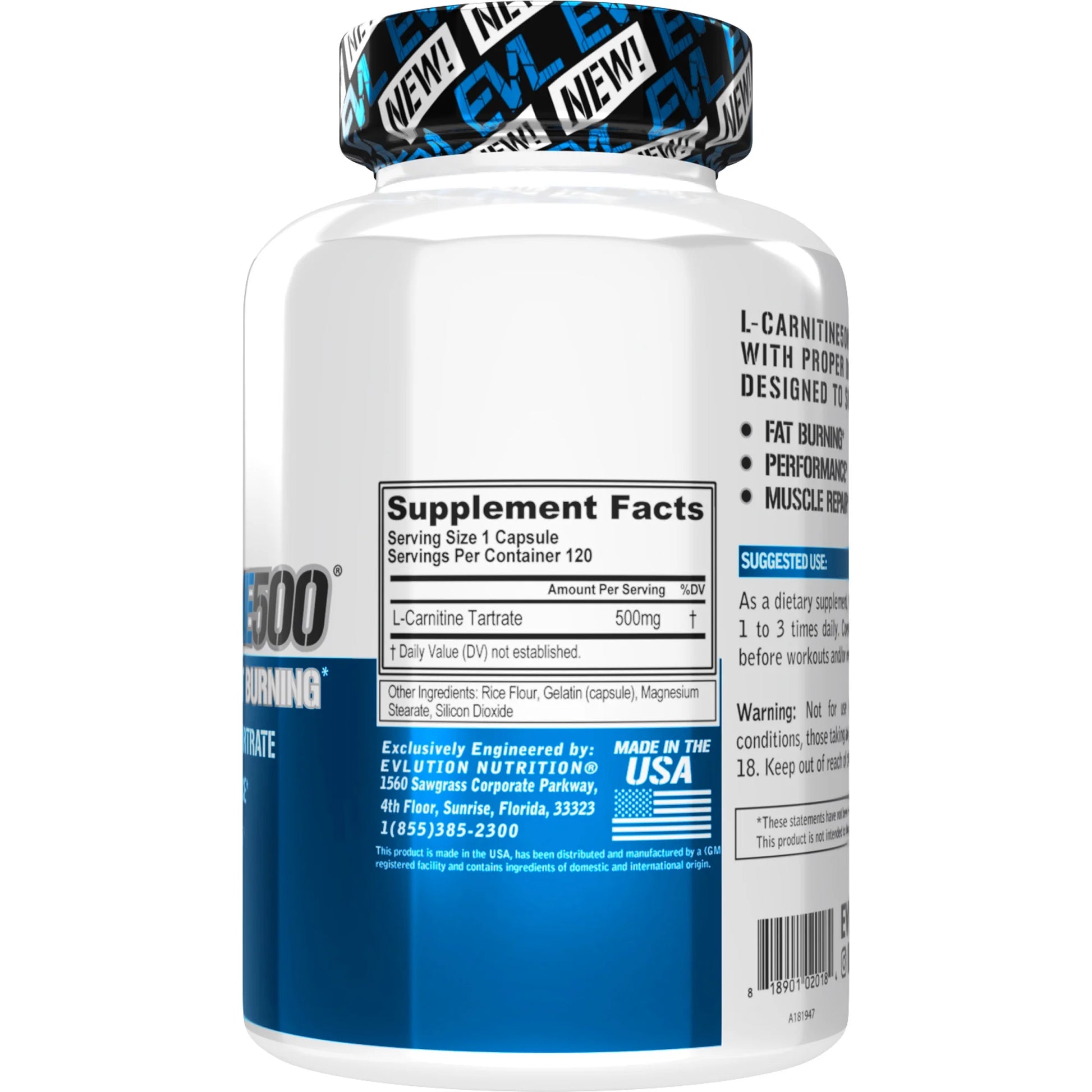L-Carnitine 500Mg Capsules -  Stimulant Free L-Carnitine Fat Burner 120 Servings - Acetyl L-Carnitine Supplement