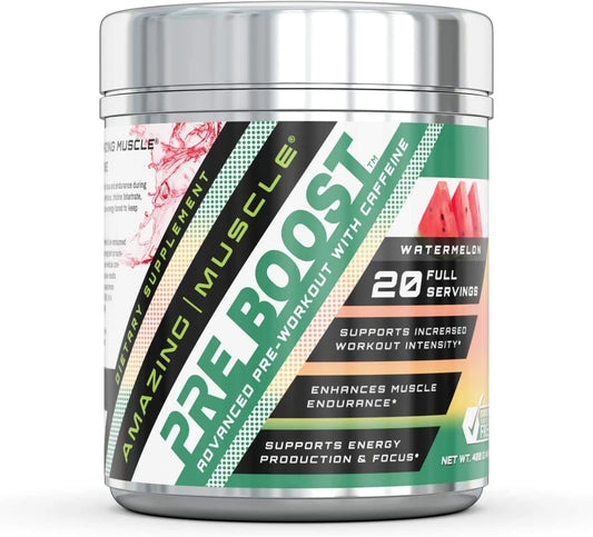 Pre Boost Watermelon Flavor | Advanced Pre-Workout Formula with Caffeine, Creatine HCL, Beta-Alanine, Bioperine, L-Citrulline, L-Carnitine, and More | 20 Full Servings | Made in USA